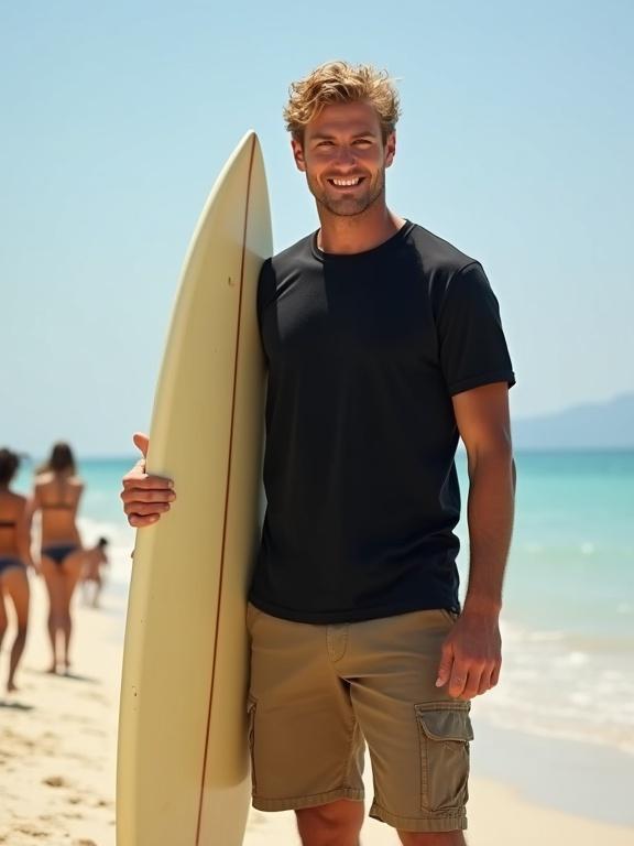 Handsome blonde man with suntan on beach. He holds yellow surfboard upright in sand. Wearing black t-shirt and kaki shorts. Man is smiling and appears relaxed. Background features girls in bikini sunbathing.