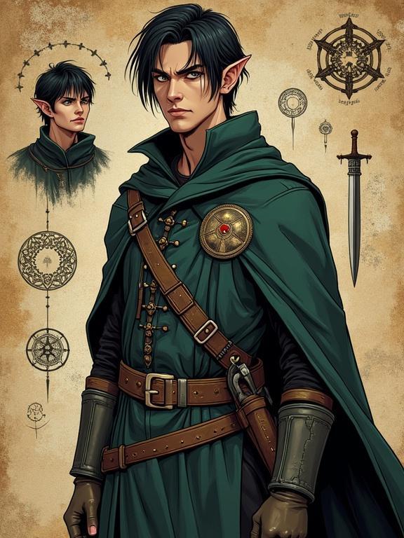 Full-body portrait of a half-elf male investigator in a dark fantasy setting. Character stands confidently, has short pointed ears, gray-green eyes, and medium-length dark hair. Wears a sturdy travel cloak featuring an investigator's insignia. Short swords hang from his belt. Background styled like ancient parchment with arcane symbols and instruments. Includes an ink-drawn bust portrait in corner with a pokerface expression.