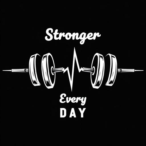 Motivational fitness t-shirt design has a minimalist dumbbell and heartbeat line in white. The text 'Stronger Every Day' appears in bold, sans-serif font also in white. The design is centered on a transparent background with a clean, high-contrast style. It is high-resolution, vector-vintage art optimized for black unisex t-shirt printing.