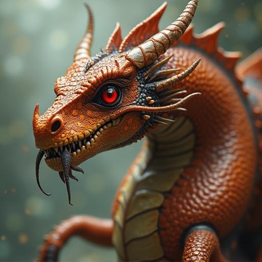 A dragon featuring characteristics similar to a bug. The dragon has an intricate design with scales and large horns. It has a fierce expression and dramatic eye color. A fantasy atmosphere surrounds the dragon with a magical glow.
