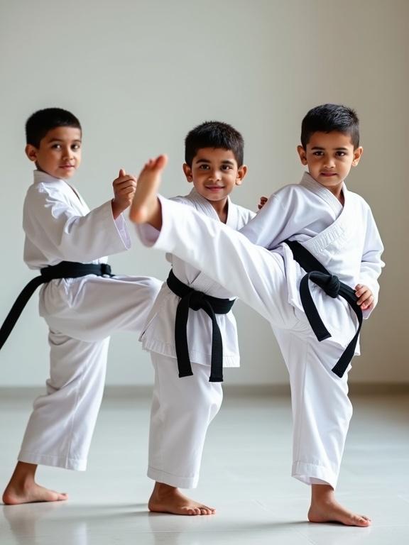 High-quality commercial photo of three young boys practicing Taekwondo. They are around 11 years old. Boys showcase different Taekwondo stances. Boys have olive to medium brown skin tone and short dark hair. They wear white Taekwondo uniforms with black belts. The dojo floor is clean. Boys exhibit strength and control.