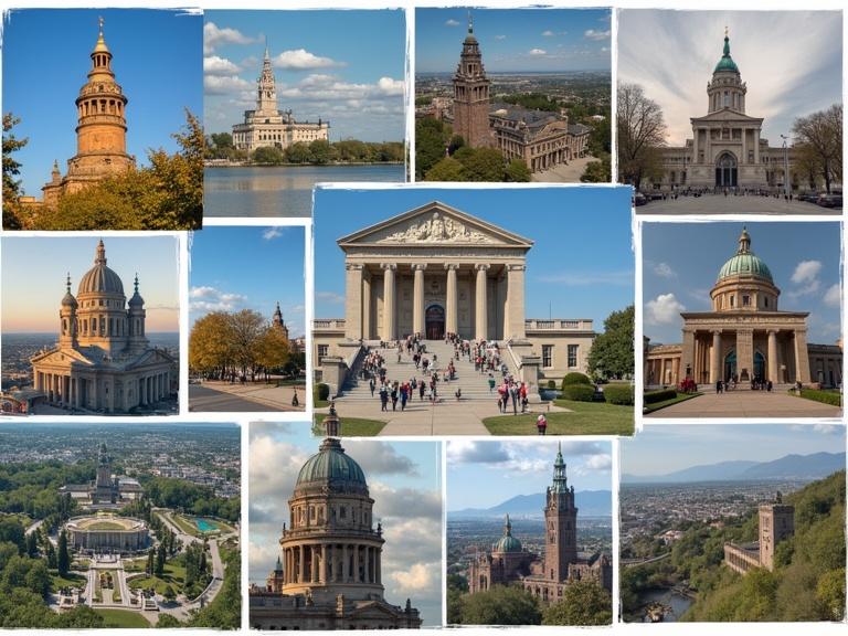 Collage showcasing top attractions from each US state with diverse architecture and landscapes.