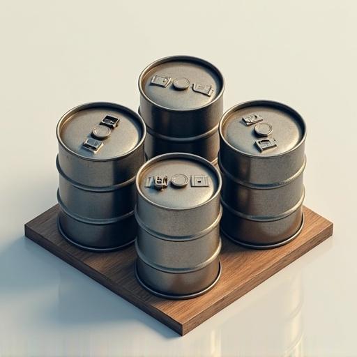 Isometric view showcases four metal barrels arranged on a wooden platform. Barrels feature metallic finishes. Background is minimal and neutral. Design emphasizes industrial aesthetics.