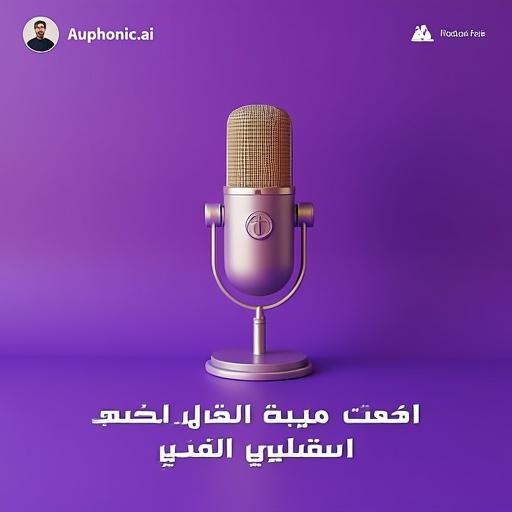 A 3D model of a vintage microphone on a purple background. The microphone is beige on top with a lavender body and dark blue base. The design is classic with a visible stand. The background transitions from dark to light purple. The text "Auphonic.ai" appears in white on a dark purple background. Arabic marketing text is below. Modern and promotional style for social media or website. Profile picture is in the top left corner. Professional and tech-focused atmosphere.