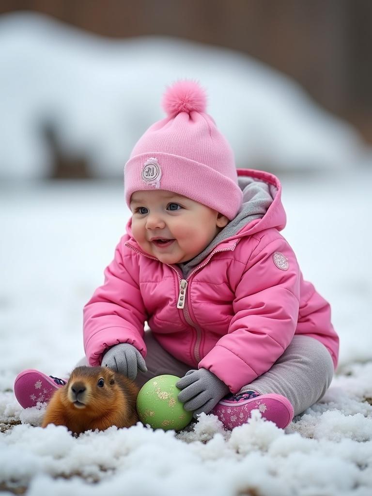 A toddler in a pink jacket plays outdoors in the snow. A groundhog sits next to the child. A colorful ball on the ground nearby. Soft snow covers the ground. Warm winter clothing is featured.