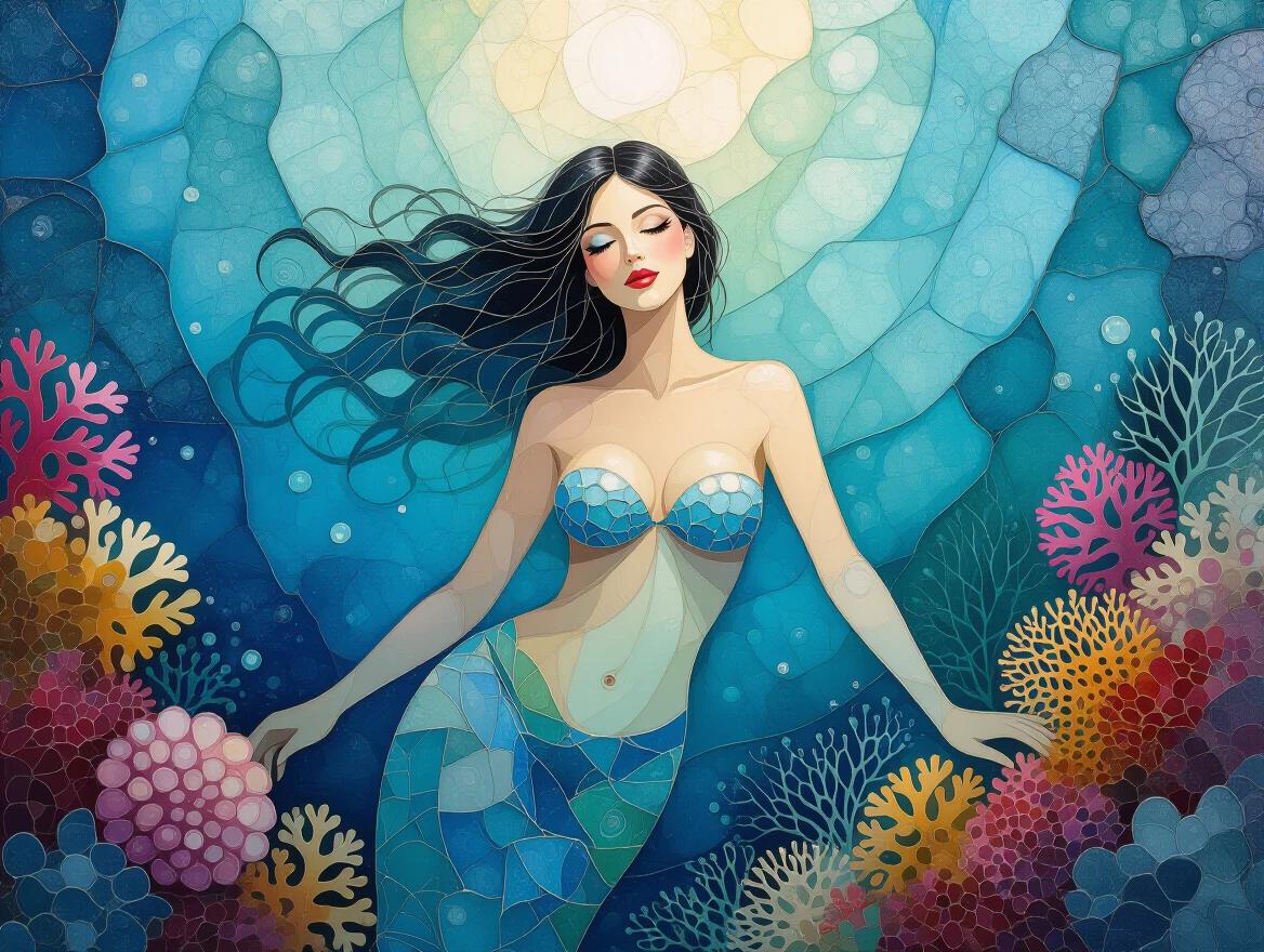 Abstract illustration of a nude woman as a mermaid. Features iridescent tiles and glass. Set under the sea among a coral reef. Ethereal and mixed media style with alcohol ink effects.