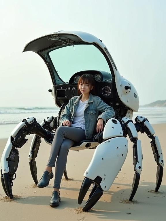 A young female seated in a mech-crab at the beach. The mech-crab has a bulky design. It features white and black armor. The girl wears a casual jacket and displays a calm expression. The cockpit is open and shows detailed controls. The beach provides a contrasting background.
