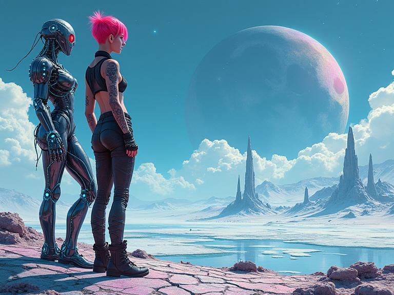 Ultra-realistic digital landscape portrait of a punk warrior heroine and her android partner standing on a windswept alien plain. The punk warrior has pink undercut, weathered leather armor with circuit tattoos, and a defiant gaze. The android is chrome-plated with glowing blue cores. They stand on bioluminescent ground overlooking crystalline spires and moons in the sky. Strange sky-whales glide among the clouds. Dynamic composition with deep perspective and rich colors.