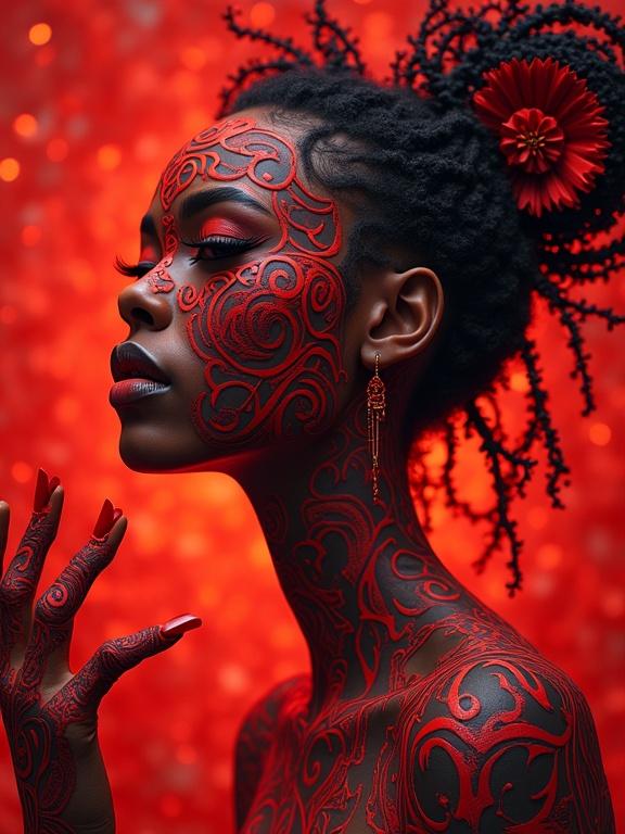 A hyperdetailed portrait of a supermodel with intricate red patterns on the face. The background displays a vibrant red theme, emphasizing the artwork's artistry in a 3D style.