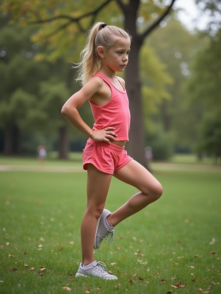 Child is stretching glutes in a park. She wears pink outfit. Blonde hair is tied up. Green grass surrounds her.