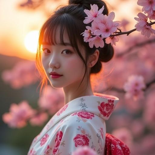 Photo of beautiful Japanese woman wearing a flower printed kimono. Light pink sakura branches are blurred in the background. The image is outdoor with focus on her from the waist up. Soft rays of the setting sun envelop her. The sun is reflected in the background. She has a cute and focused expression. The overall style blends fantasy with historical Japanese influence.