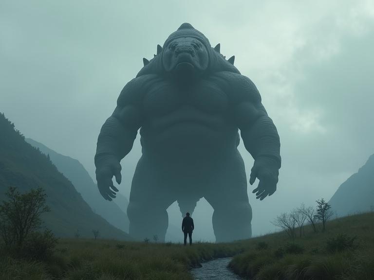 Dark cinematic scene depicts a small man standing in front of a massive dark silhouette of a kaiju. The creature is 200 feet tall with a thick textured shell. The environment includes a grassy field, hills, small trees, and a river, with mountains in the background. The atmosphere is foggy with clouds, emphasizing realism and detail.