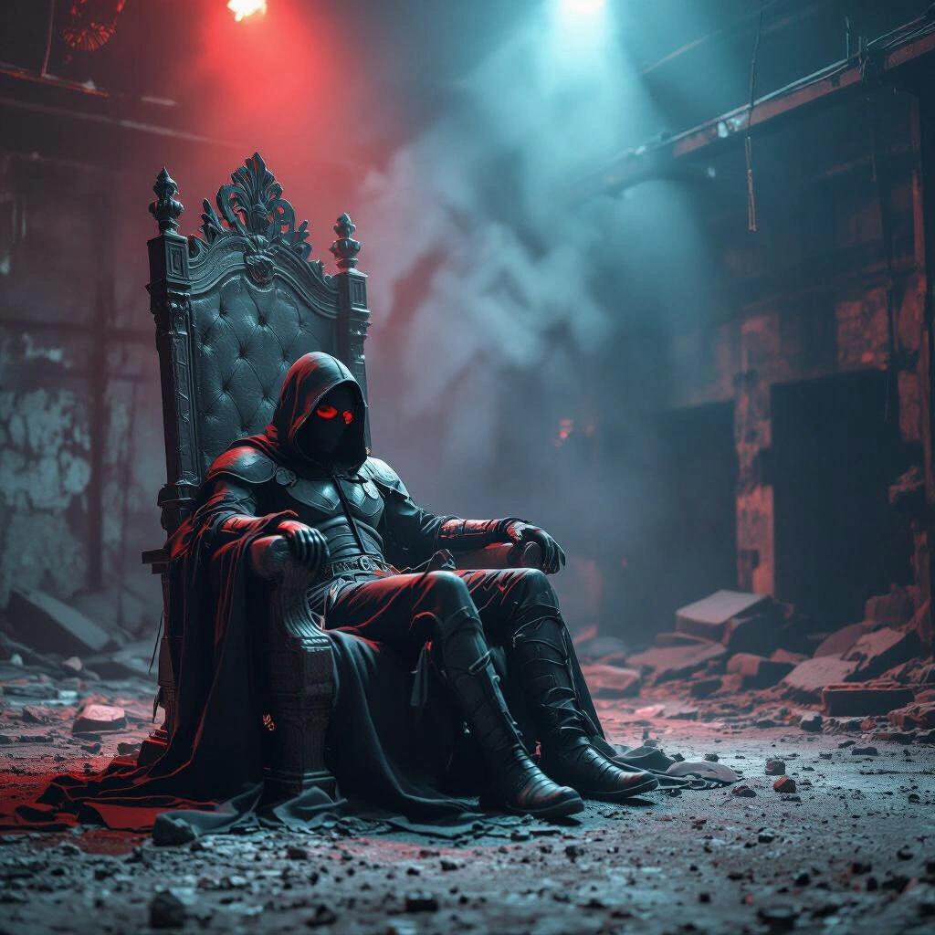 A crumbling throne in a dark warehouse. A masked figure lounging confidently. Ambient red and blue lighting adds drama. Gritty textures on the floor and walls enhance the scene.