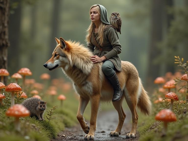 Hyperrealistic photograph created in a natural forest setting featuring a blonde young woman riding a wolf. Headscarf partially falling off her head. An owl perched on her shoulder. The path adorned with realistic mushrooms and a hedgehog. Scene includes several mice interacting. Focus on extreme texture and light for detail and realism.