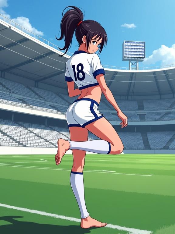 A digital anime illustration shows a young A-18 Android. She wears a cropped Japan National soccer jersey and tight shorts. Character poses flirtatiously with raised leg in a soccer stadium. Empty grey seats and green pitch are visible. Soft shadows highlight her features. Digital artwork with cel-shaded rendering.