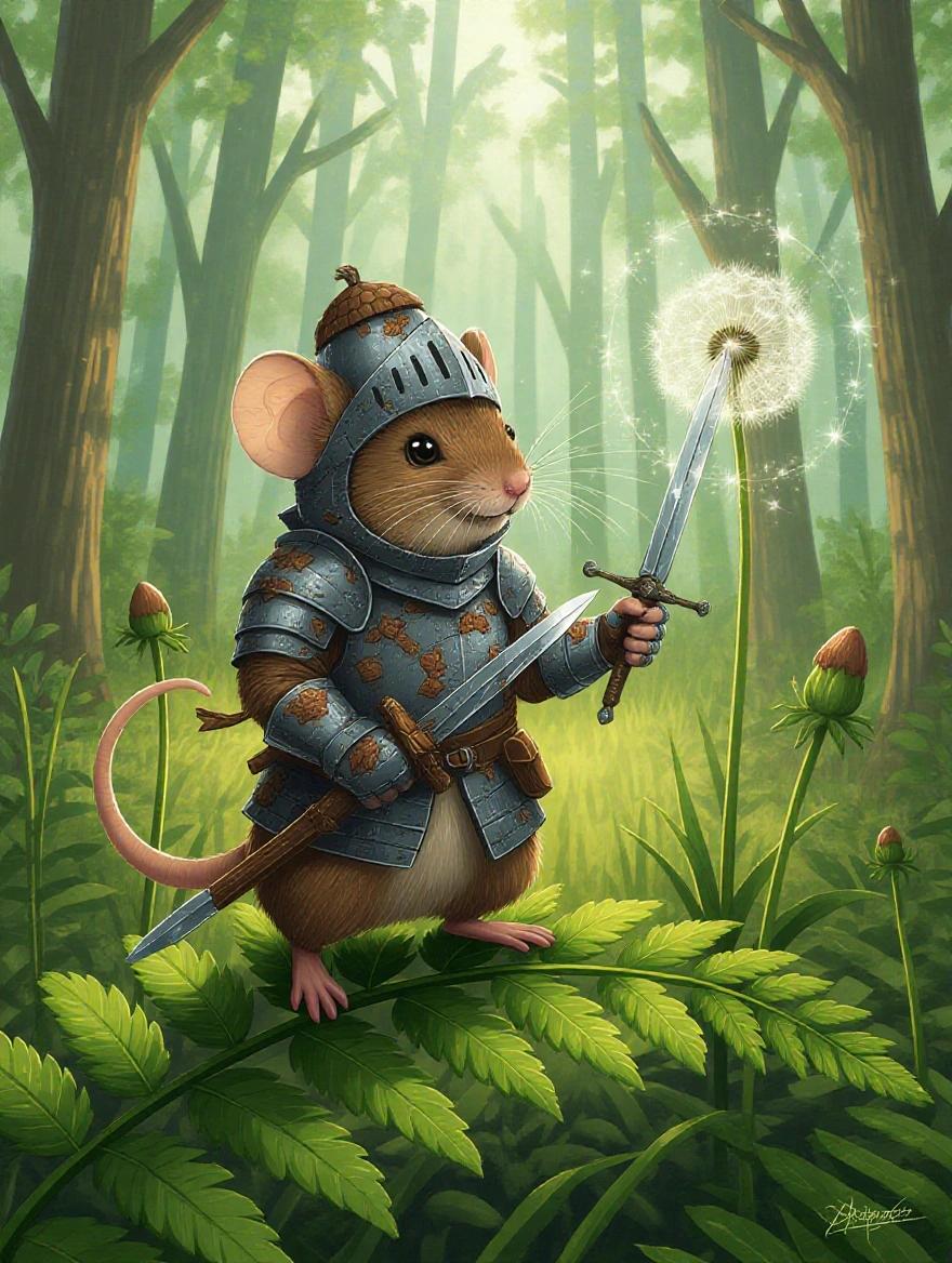 A small field mouse dressed in makeshift armor stands on a giant fern frond. Mouse has a polished acorn helmet and holds a glowing sewing needle sword. Scene is illuminated by golden sunlight. A dandelion seed floats nearby. Mouse's expression is fierce and protective.