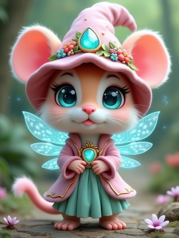 A magical fairy creature resembling a mouse or squirrel. Character has large expressive eyes and fluffy pastel pink fur. Wearing a whimsical wizard hat and a pastel pink robe with a mint green skirt. Sparkling dragonfly-like wings enhance the magical look. Set in an enchanted forest with glowing flowers and soft lighting.