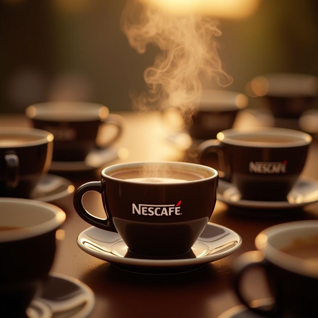 Steaming cup of Nescafe coffee placed on a table. Multiple coffee cups in the background. Warm lighting creates a cozy atmosphere.