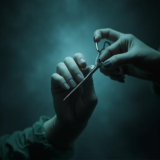 Shadowy human hand gripping scalpel in dim lighting
