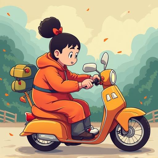 A cartoon-style illustration of a girl wearing an orange outfit riding a scooter. The background features a soft, green landscape with trees. The girl appears focused and cheerful while holding the handlebars of the scooter, with a playful wind in the air.