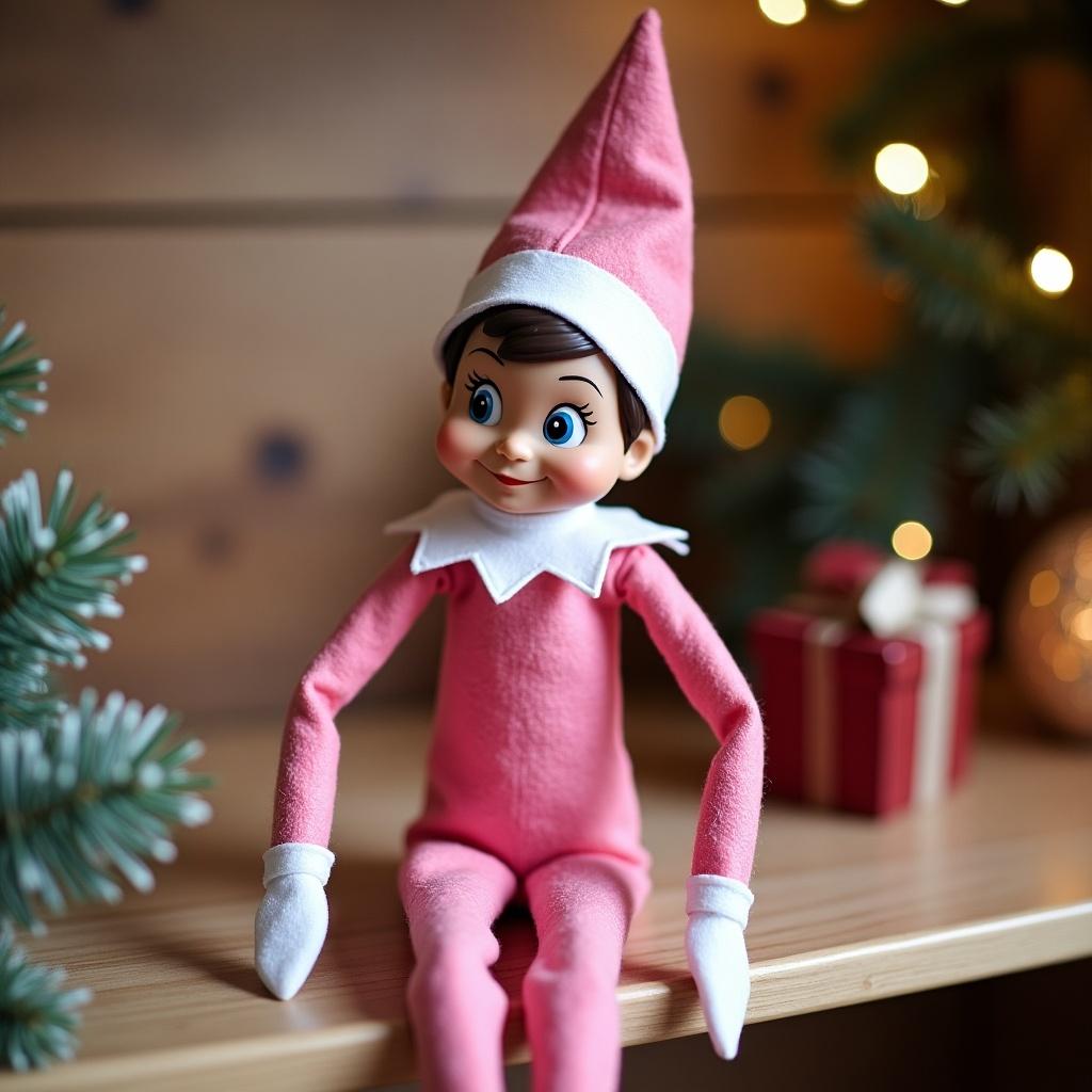 A pink Elf on the Shelf doll sitting on a wooden shelf decorated with holiday items. The doll has a cheerful expression and is wearing a pink outfit with a pointy hat. The background features Christmas lights and a small gift box.