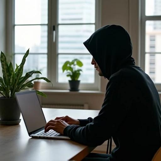 A laptop computer is on a table. A plant is beside the laptop. The focus is on coding. The setting is a loft in the afternoon. The person is in a black hoodie. The atmosphere is tech-oriented. A sense of calmness prevails. The view is from a side angle.