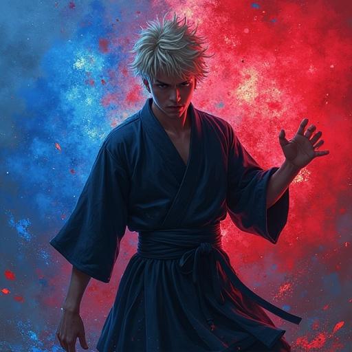 Anime character Satoru Gojo from Jujutsu Kaisen in an intense battle pose surrounded by a red and blue aura