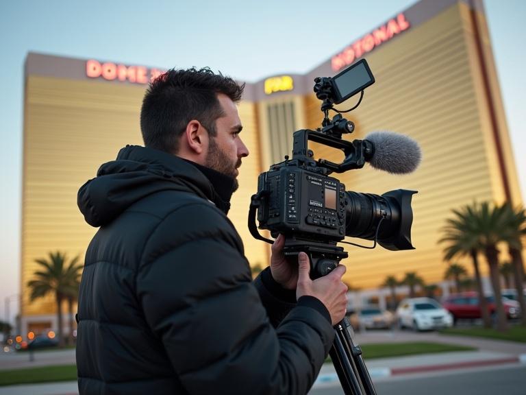 Man holding a camera in front of a hotel in Las Vegas. City lights and palm trees visible.