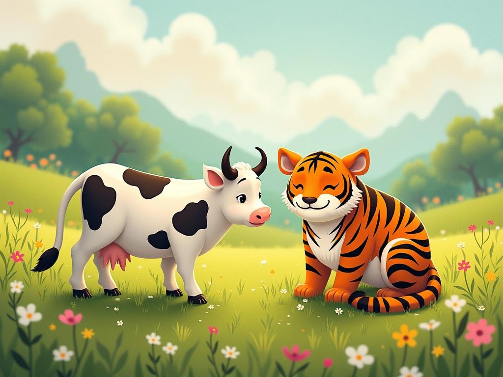 In a peaceful meadow a cow named Bella grazes. A curious tiger named Taro appears. Bella looks nervous but Taro speaks kindly. They discuss strength and kindness. Bella and Taro become friends. They share life stories in the meadow together.