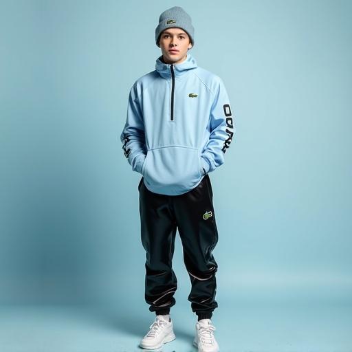 Full body portrait of a young male. He wears a light blue hoodie and black track pants. His footwear is white Nike 95 Air Max trainers. A beanie cap is tilted over his head. The setting is a light blue background.