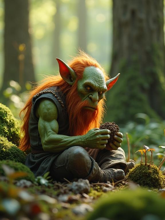 Hyper-realistic extreme close-up of a ginger bearded orc on mossy forest floor carving a wooden figurine with sunlight filtering through trees. Scene captures classic fantasy realism with intricate details and soft natural lighting. Enchanting and vivid depiction.
