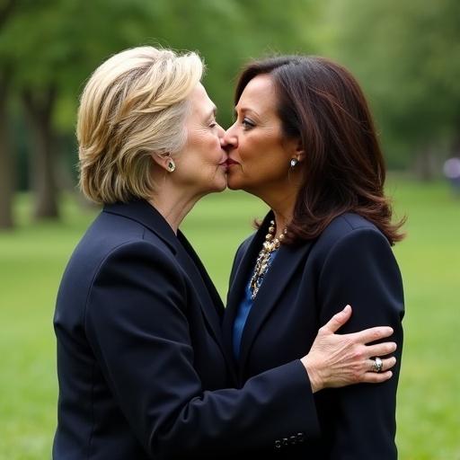 Hillary Clinton and Kamala Harris share a kiss in a public park surrounded by greenery.