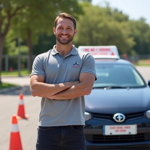 Ultra-realistic photo featuring professional driving instructor. Instructor is smiling confidently. Wearing branded polo shirt with driving school logo. Modern car parked nearby. Sunny outdoor setting with training course elements. Elements like cones and signs visible. Suggestion of job opportunity included subtly. High resolution and natural lighting.