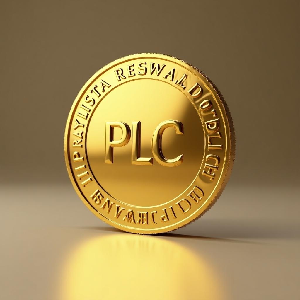 Gold-colored coin stands upright on a smooth surface. Features large PLC symbol. Inscription reads PAYLISTA REWARDS COIN. Coin reflects soft light.