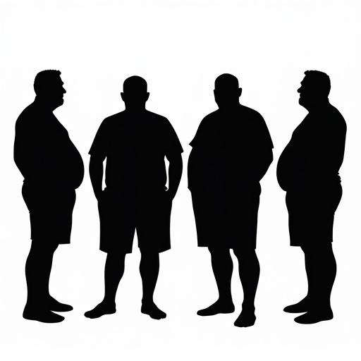 Four silhouettes of overweight men in various casual poses against a pure white background. Each figure is realistic in proportion. One man stands with hands in pockets, another has his hands at his sides, one is slightly turned, and the last is wearing shorts. The figures are stark black silhouettes.
