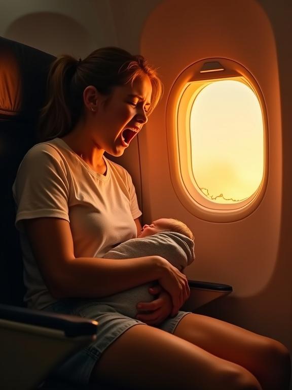 Dramatic interior airplane scene. Young woman in a white t-shirt and denim shorts holds a swaddled baby. Window has a large jagged hole. Intense orange light comes through. Medium shot from a slight low angle. Desaturated tones with strong orange glow.