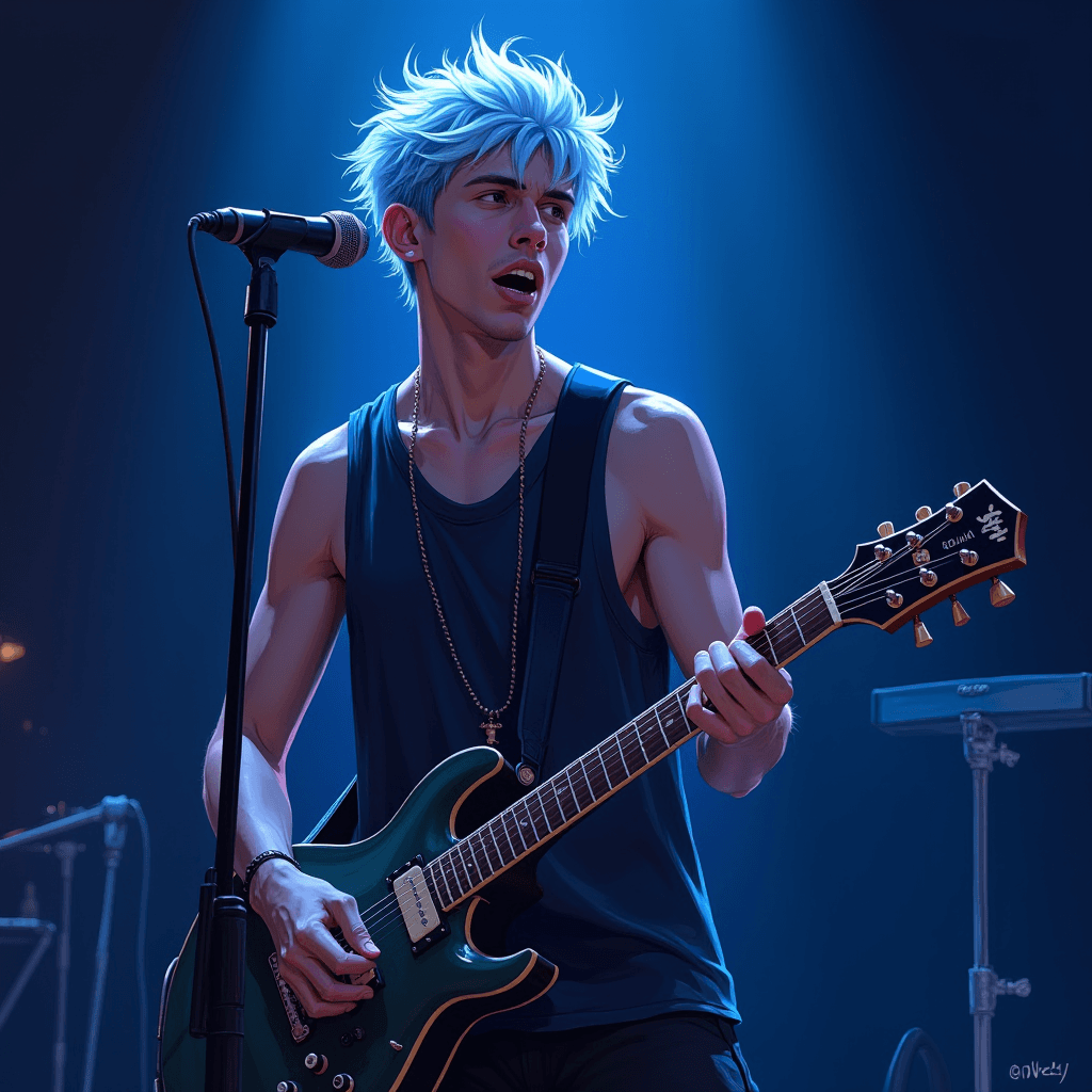 A young musician passionately playing guitar under vibrant stage lights.