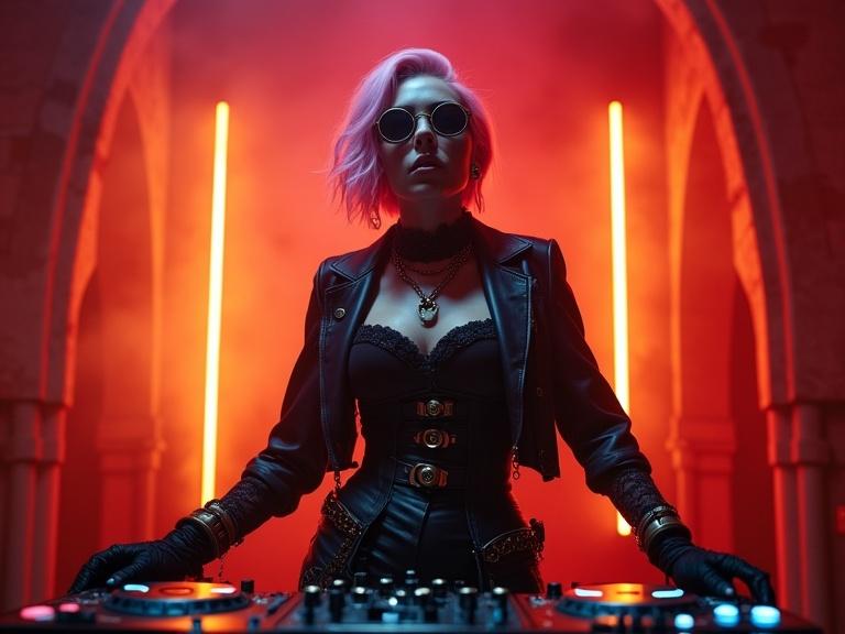 A gothic steampunk woman DJ stands confidently at her DJ console. Asymmetrical pink hair, circular steampunk goggles, black leather corset, cropped steampunk jacket. Dramatic lighting in deep red tones with amber and blue accents. Gothic arches and neon tube lights create a moody atmosphere.