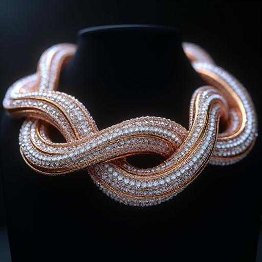 Breathtaking jewellery design features an intricate choker with unique swirling patterns. The choker includes complex and nested turns resembling rope. Adorned with shiny diamonds, style reflects high jewellery. The image captures photorealistic qualities with chrome reflections and global illumination for high detail.
