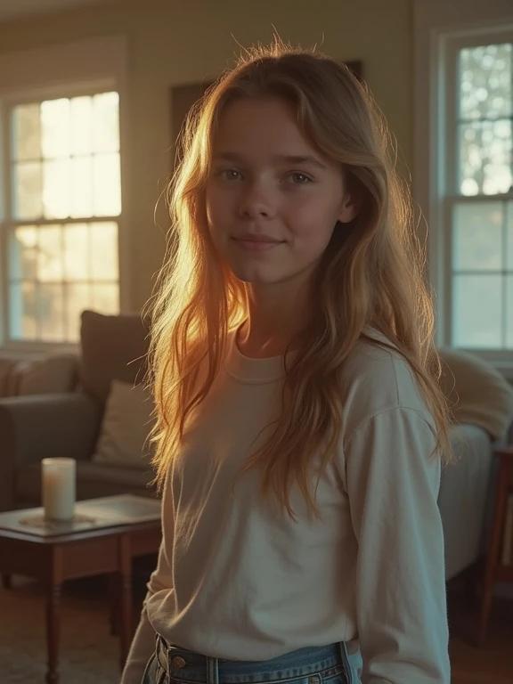 Full frame photo of a teen girl in a living room. Natural light illuminates the scene. Girl has long hair and casual outfit. Environment shows warm tones and comfortable setting.