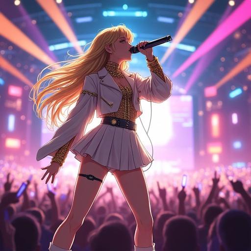 Dynamic anime-style digital illustration of powerful young female J-Rock singer mid-performance on massive futuristic concert stage. Dramatic pose leaning forward singing passionately into microphone with one hand. Other arm raised toward crowd. Long golden hair flows with motion. White and gold rock outfit sparkles under intense colored lights. Shot from mid-thigh up dominating foreground. Vivid laser lights, large LED panels, rows of speakers in background. Audience cheering with glowsticks slightly blurred. Strong contrast, high detail, glowing effects, cinematic lighting, 16:9 ratio. Emotional electrifying J-Rock concert moment in anime style.