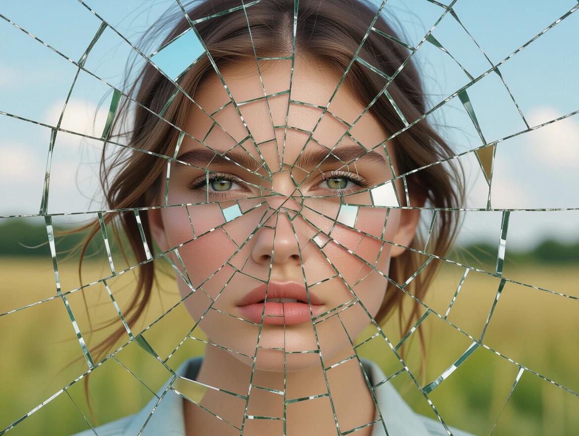 Image shows a landscape transforming into pieces resembling a shattered glass face. The background features a serene field. The broken reflections create a sense of lost dreams and hope.
