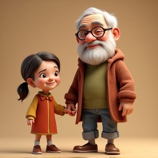 3D styled characters of an old man and a small girl. Characters have friendly expressions and are holding hands. The old man has glasses and a beard. The girl has long hair tied in a ponytail and wears a colorful outfit. Both are in a T-pose.