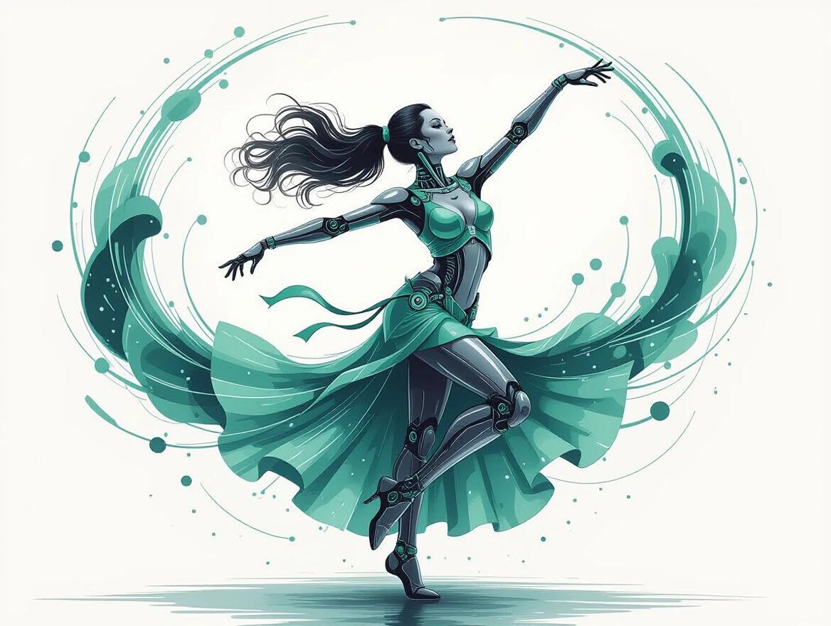A dancer resembles an android. The character spins gracefully with swirling ink wash trails. Metallic limbs display neon green circuits. Motion suggests a dreamlike state with flying ink droplets. The image follows the rule of thirds for balance.