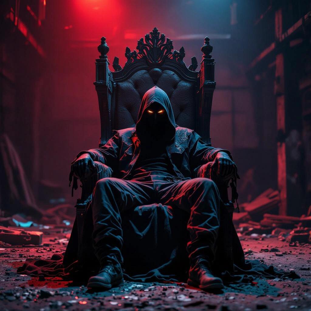 Portrait of a masked figure lounging on a crumbling throne in a dark warehouse. Figure wears natural clothing. Ambient lighting is red and blue.