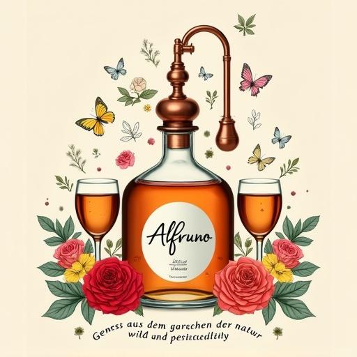 Illustration of apothecary bottle Alfruno with copper apparatus. Elegant cursive label on white background. Amber liquid inside bottle. Two glasses with same liquid on each side. Surrounding floral illustration with red, yellow, pink roses and butterflies. Handwritten text at bottom reads Genuss aus dem Garten der Natur - wild und besonders. Soft neutral background highlights colors. 