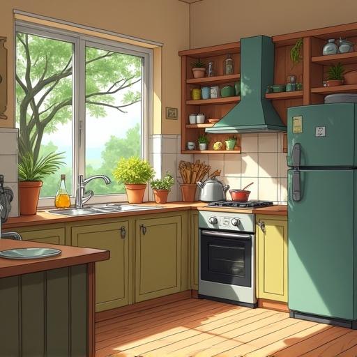 Ghibli inspired kitchen scene with large window green trees outside shelves filled with plants cookware sunlight streaming in warm and inviting atmosphere