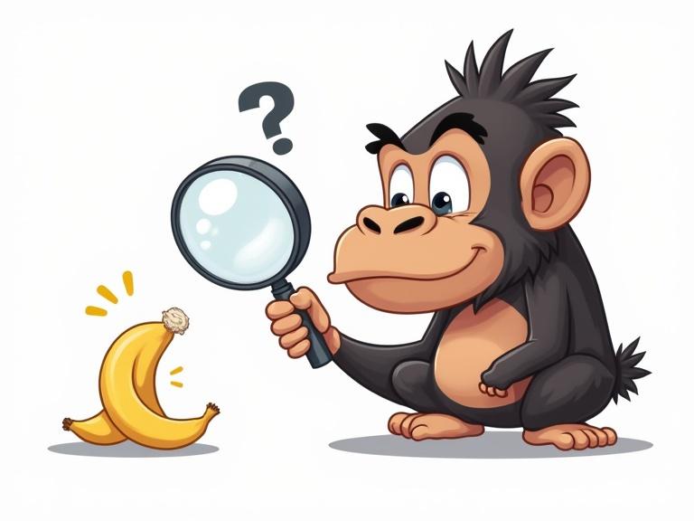 Cartoon vector on white background. Gorilla uses magnifying glass to examine small banana. Gorilla looks puzzled and frustrated.