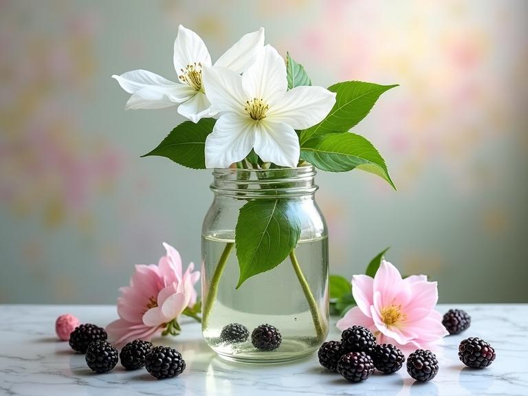 A hyper-realistic still life image shows a glass jar with water. Large white clematis flowers and green leaves inside the jar. Ripe blackberries scattered around on a marble surface with some submerged in water. Pink flower buds adjacent. The background is softly blurred with pastel colors. Studio lighting emphasizes details.