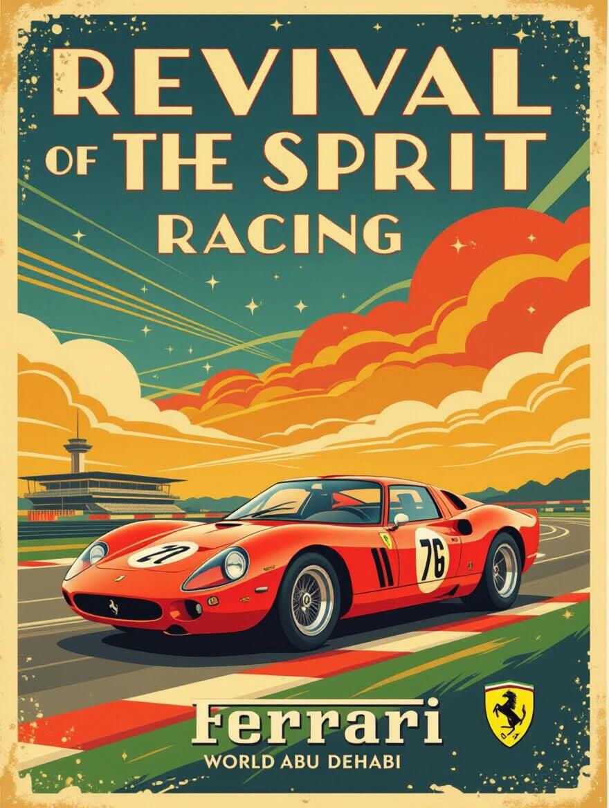 Poster design blends modern retro style with vintage Ferrari racing elements. Features a classic Ferrari car with bold typography. Warm dusty colors evoke racing's golden age. Highlights connection to Ferrari World Abu Dhabi.
